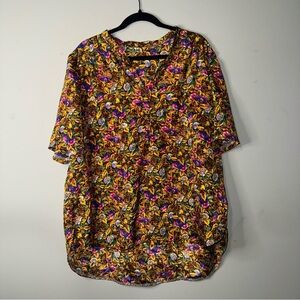 Vintage Oversized Floral Short Sleeve Blouse - Multicolor‎ Boho Print